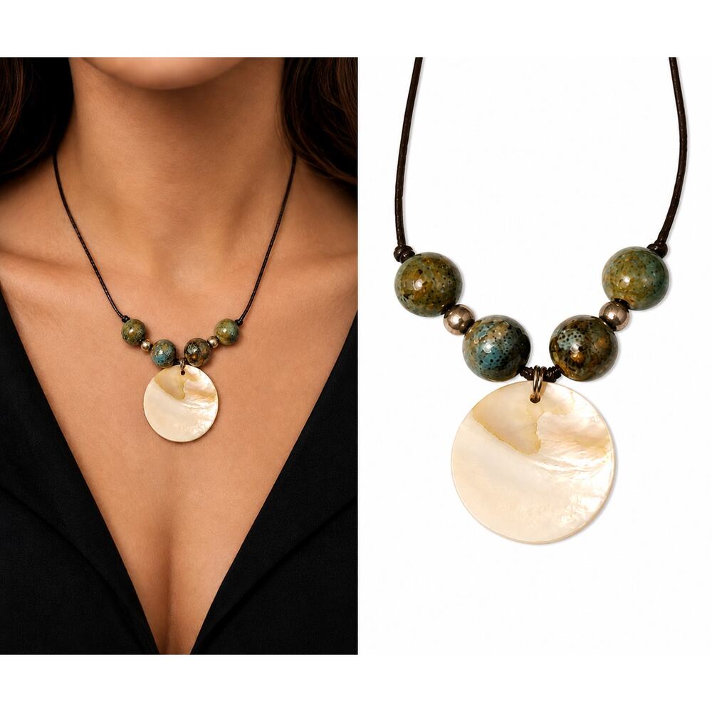 Vintage Boho Shell & Ceramic Necklace- Blue Green & White- blu03-019